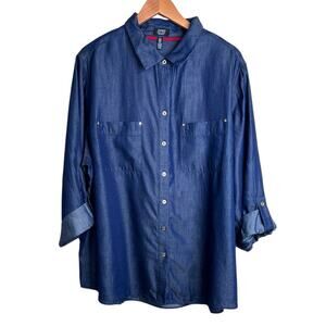 JNY Blue Chambray Long-sleeve Button-down Shirt in Dark Wash Women's 3X